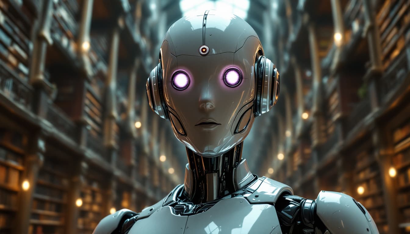 AI generated: A highly detailed cinematic shot capturing a humanoid robot from the knees up, with a reflective, do...