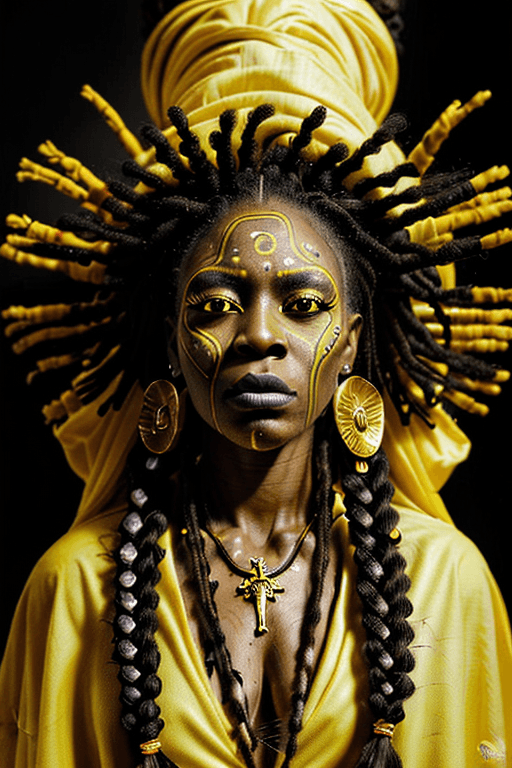 AI generated: Realistic Voodoo priestess, serious expression, highly detailed voodoo symbolism on yellow attire, c...