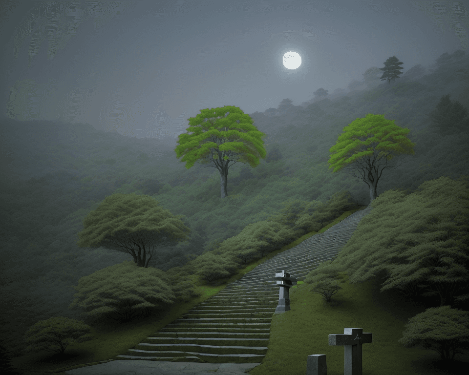 AI generated: rocky hill full of long green trees with stairs going up to the top where there is a visible wooden ...