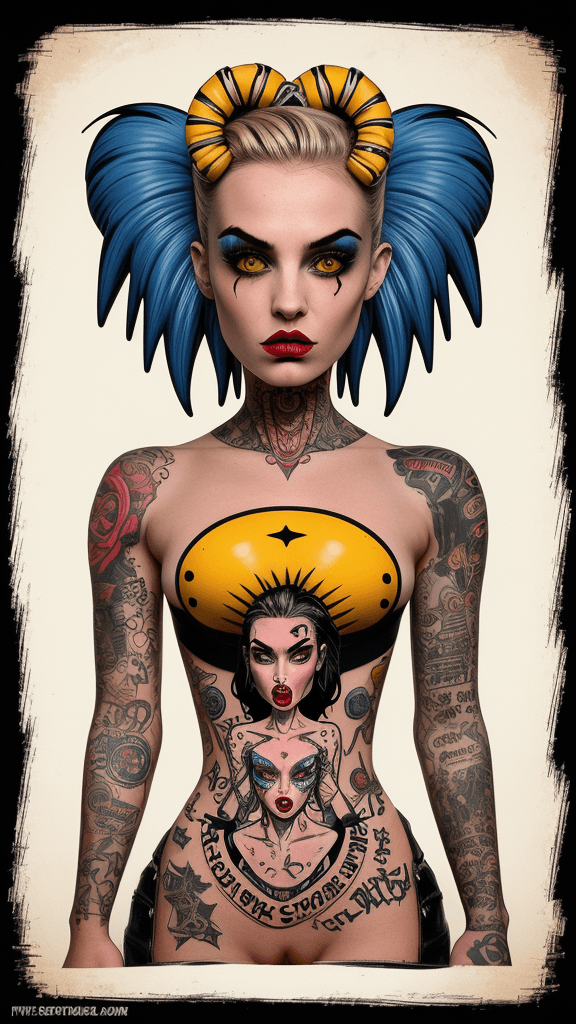 AI generated: twisted backdrop
shock
pop surrealism lowbrow art style
flawless tank girl 
asymmetrical anatomy
tat...