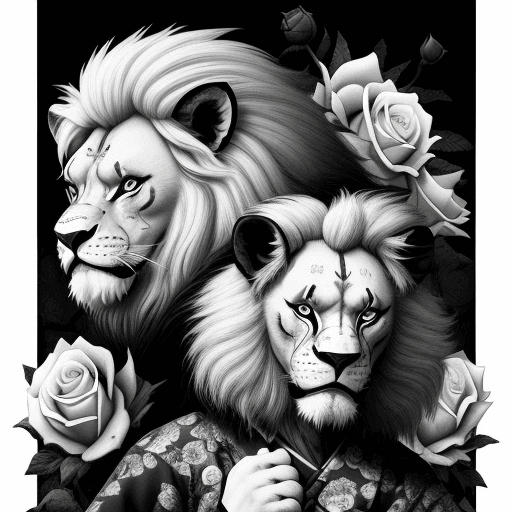 AI generated: Lions, angry, black and white, rose flowers, japonese style, clowns
