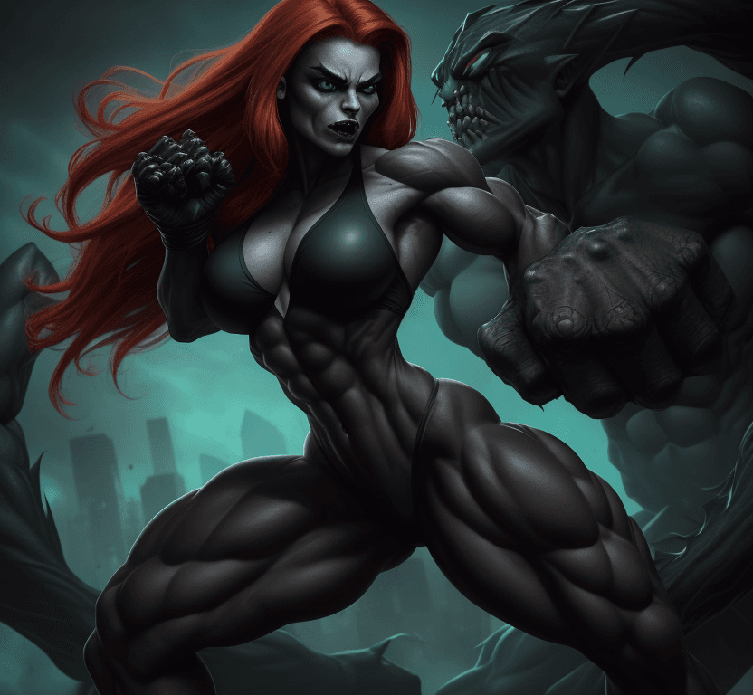 AI generated: 1 young beautiful bodybuilder woman with a wide strong jaw wearing a black monster symbiote, red hai...