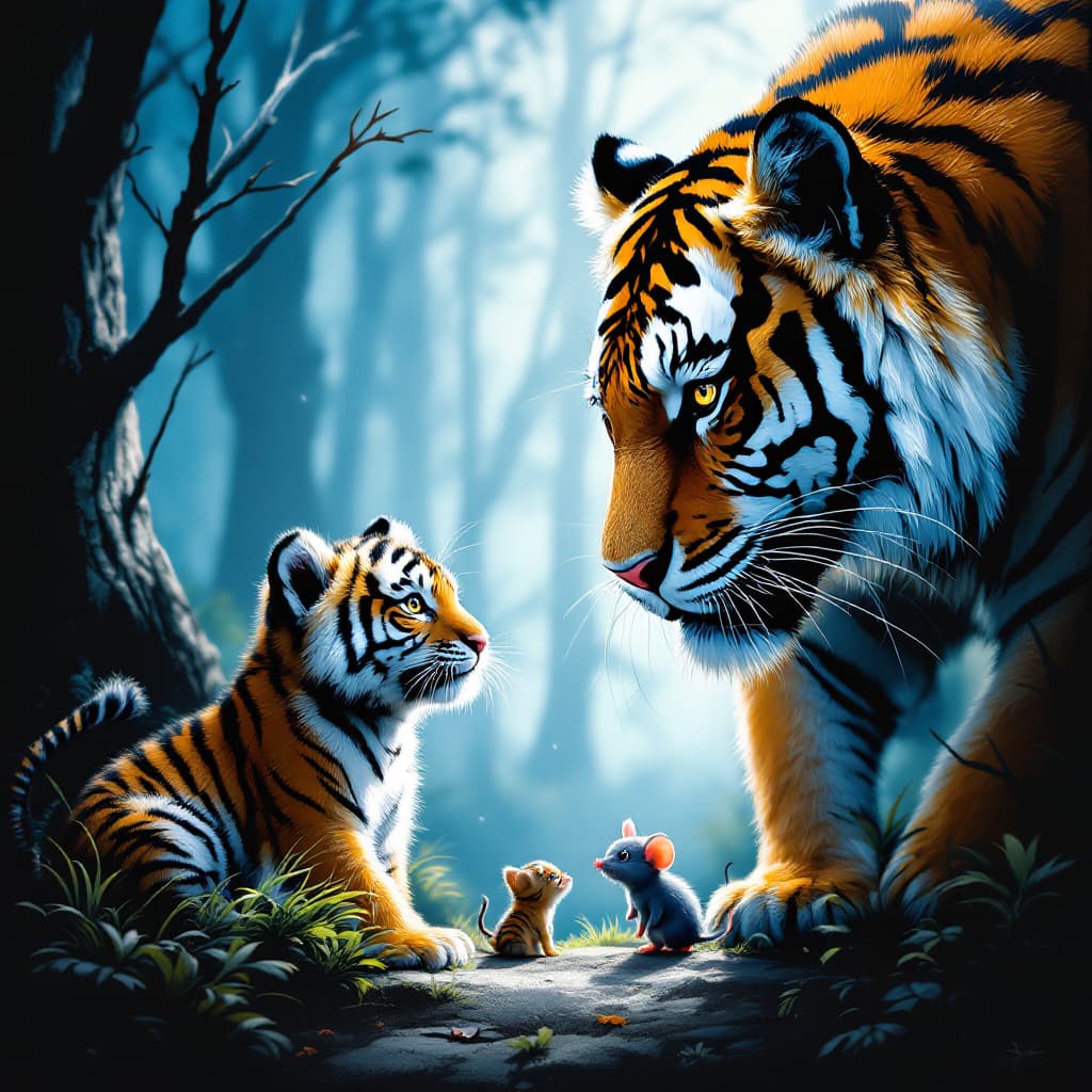 AI generated: movie poster, A tiger and two tiger cubs, and a small mousein black,white and blue, in the style of ...