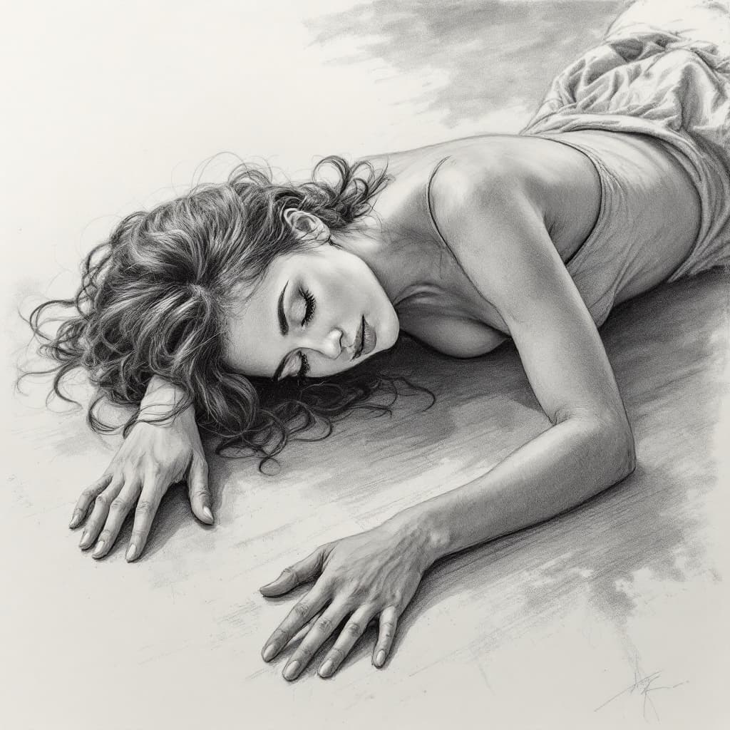 AI generated: a woman laying on the floor with her hands on the floor, drawing, sketch, pencil drawing, smudges