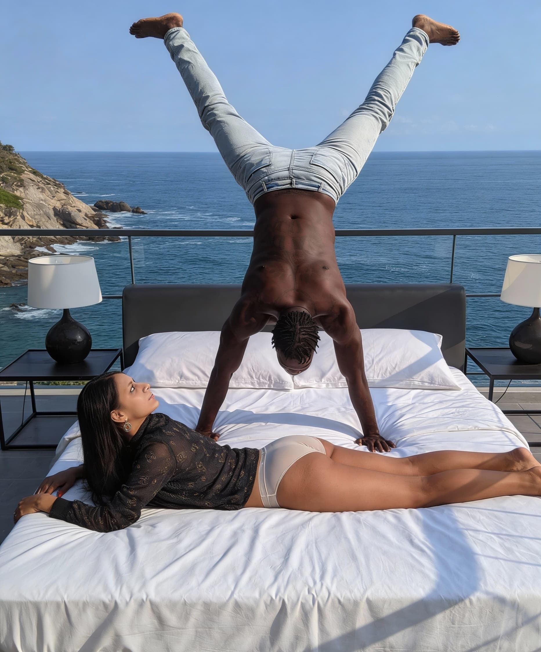 AI generated: The image shows two  adults posed on an outdoor bed or daybed positioned on a terrace overlooking a ...