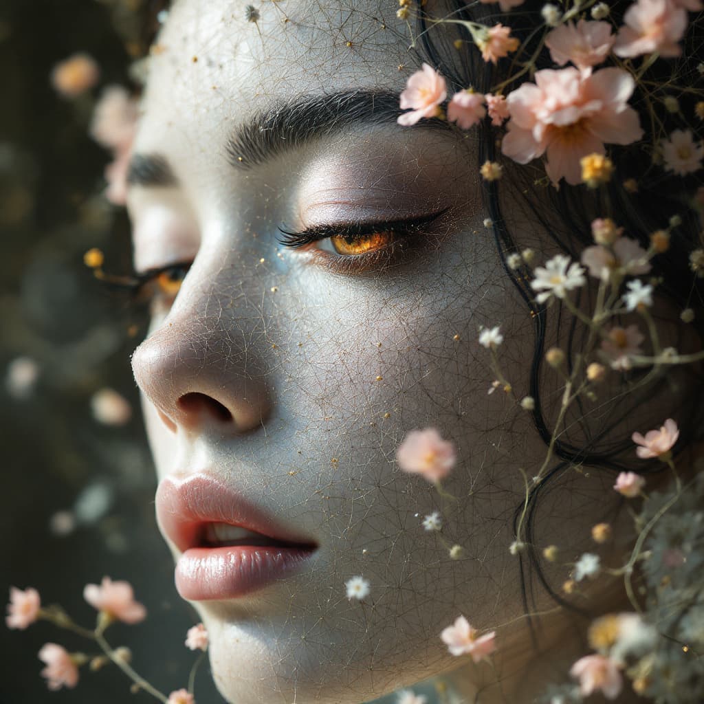 AI generated: woman made of thin wires+ flowers, mysticism, + coherent, haze, fog, finest drawing, macro, clear co...