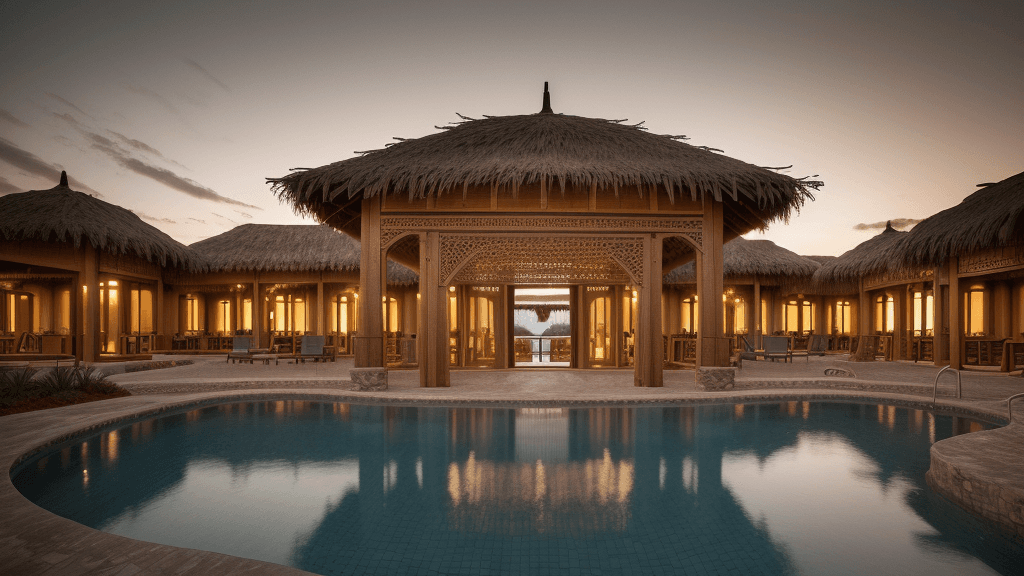 AI generated: resort,intricate detail, photorealistic, realistic light, wide angle, kinkfolk photography, A+D arch...