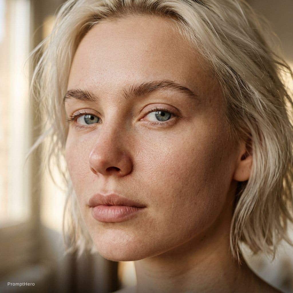 AI generated: Ultra-realistic beauty editorial close-up of a young blonde woman’s face, captured in a cinematic hi...