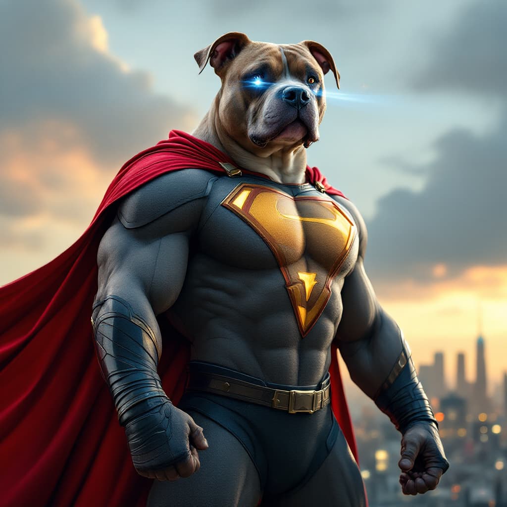 AI generated: A muscular and giant dog pitbull with a human body, dressed in a superhero suit. The suit is colorfu...