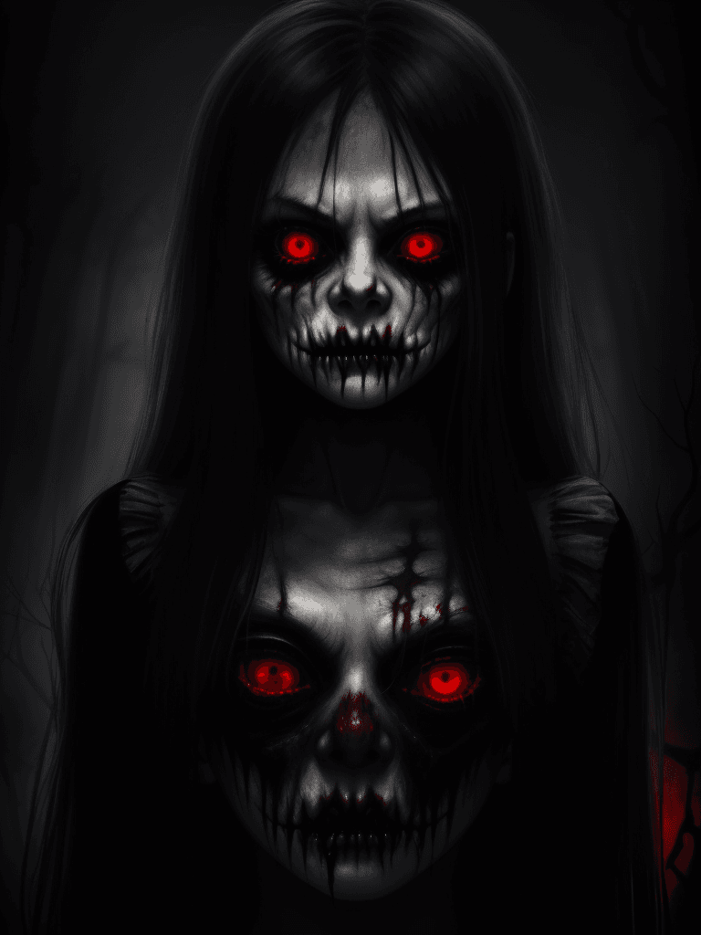 AI generated: in darkness, dark, zombie girl's face, glowing red eyes, long mess hair, disfigured, brutal composit...