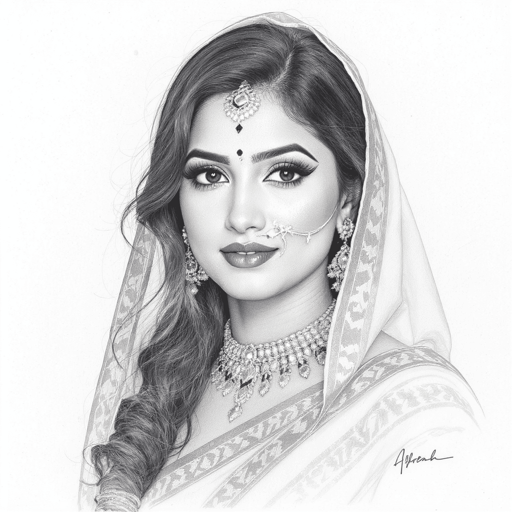 AI generated: Realistic Black and white sketch of a beautiful Indian woman, white background, --chaos 75 --ar 3:4 ...