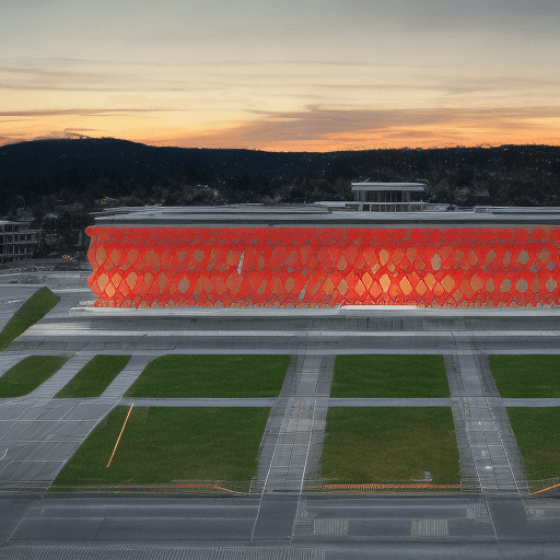 AI generated: At the twilight of a late afternoon, a school stands out, its 'U'-shaped structure elevated on two l...