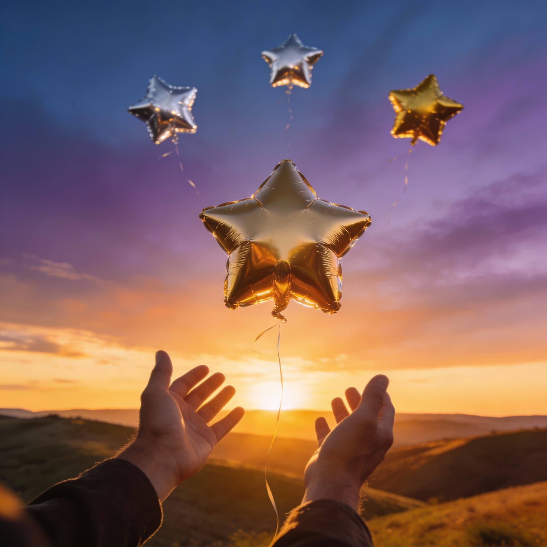 AI generated: cinematic photograph, 4k, high quality. A warm golden and purple sunset over open rolling hills. In ...