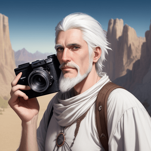 AI generated: a white hair man with goatee, tall wondering nomad, holding a camera, with discovery of the world's ...
