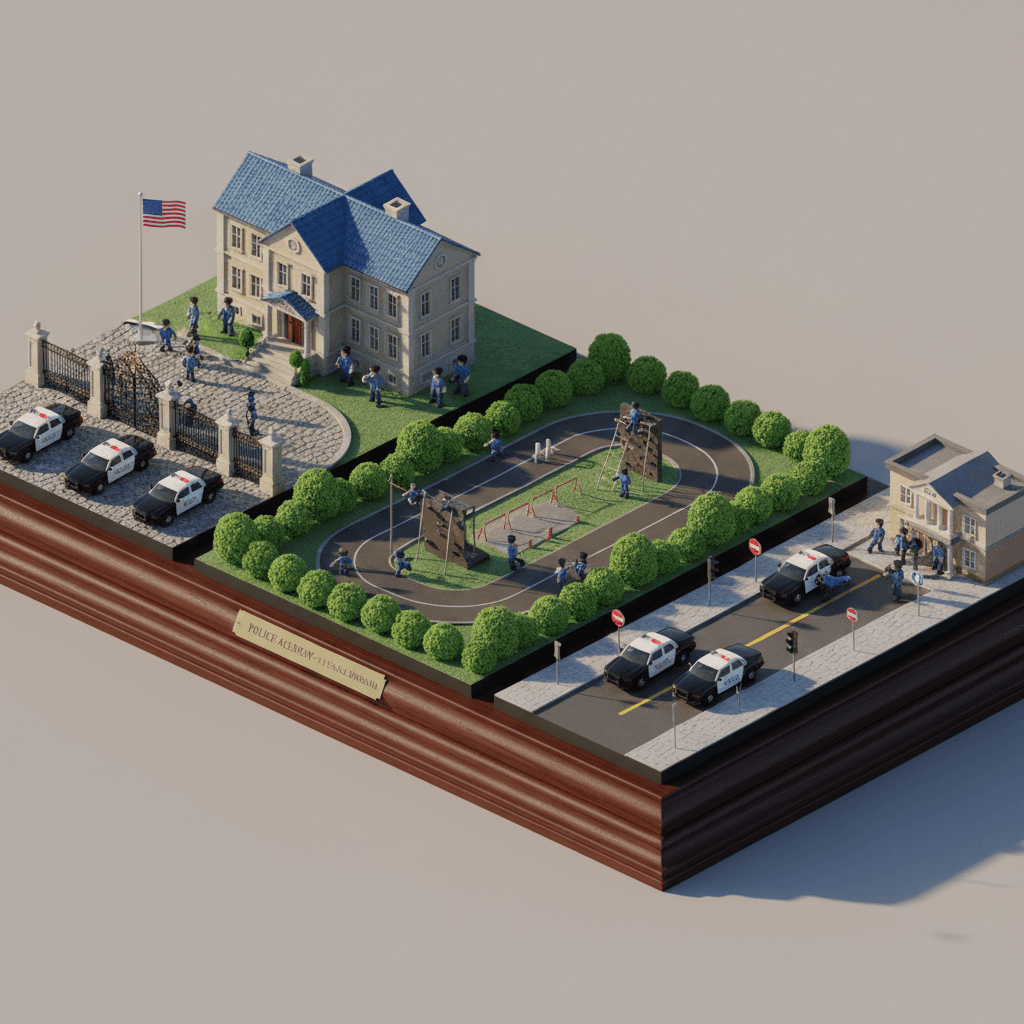 AI generated: A series of 3D isometric dioramas featuring a detailed 1:1 scale police academy, featuring small pat...