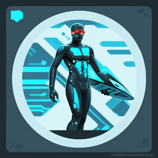 AI generated: sci-fi realistic art style, a square cyborg icon of a futuristic surfer surfing out from the center....