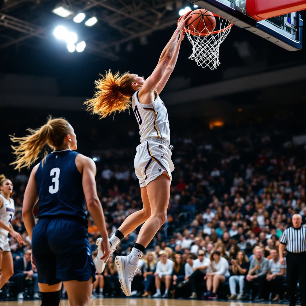 AI generated: The image shows a female, caucasian basketball player with shoulder length ginger hair, in a white u...