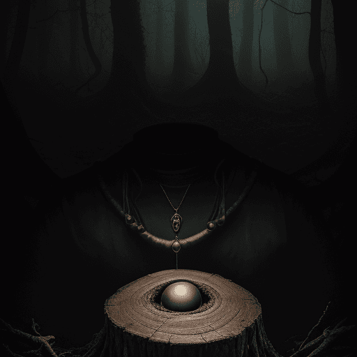 AI generated: High resolution photography a crude necklace made of braided leather and a single glowing eyeball as...