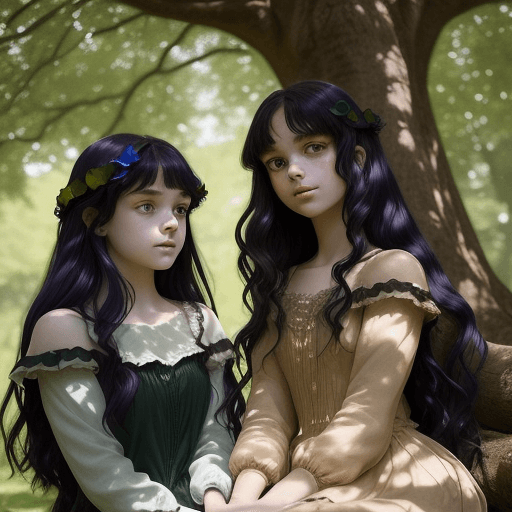 AI generated: Two young girls, no older than twelve, sit beneath a sprawling oak tree. Sunlight filters through th...