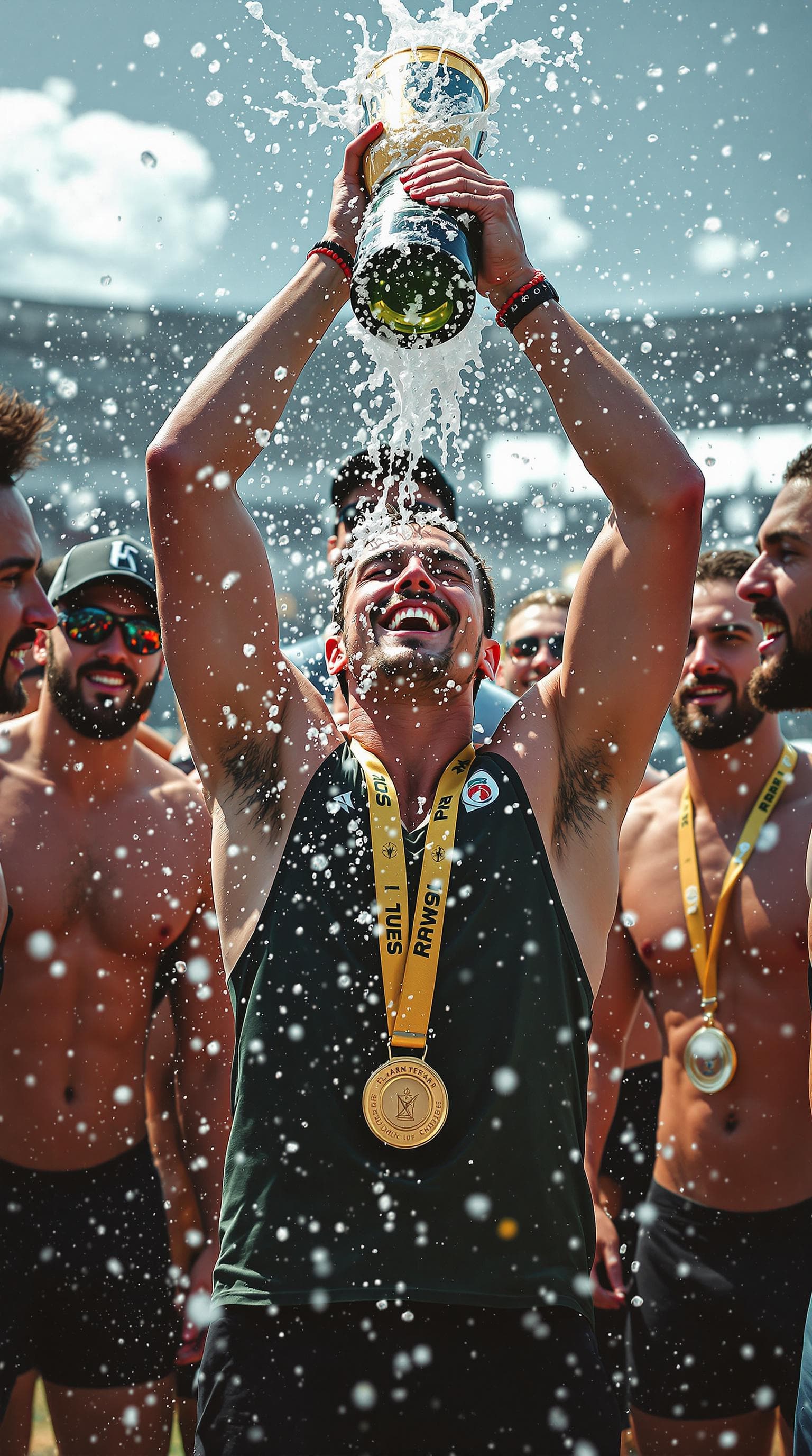 AI generated:  Summer.       The winner with a medal stands in a circle of friends and teammates. In his hands he ...