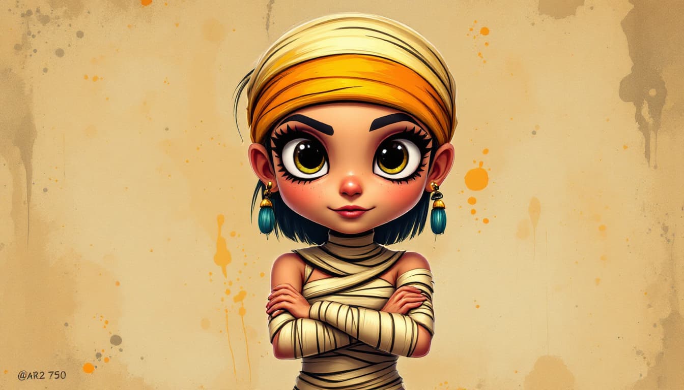 AI generated: A cartoon-style character design of an Egyptian mummy girl, with her arms crossed and wearing tradit...
