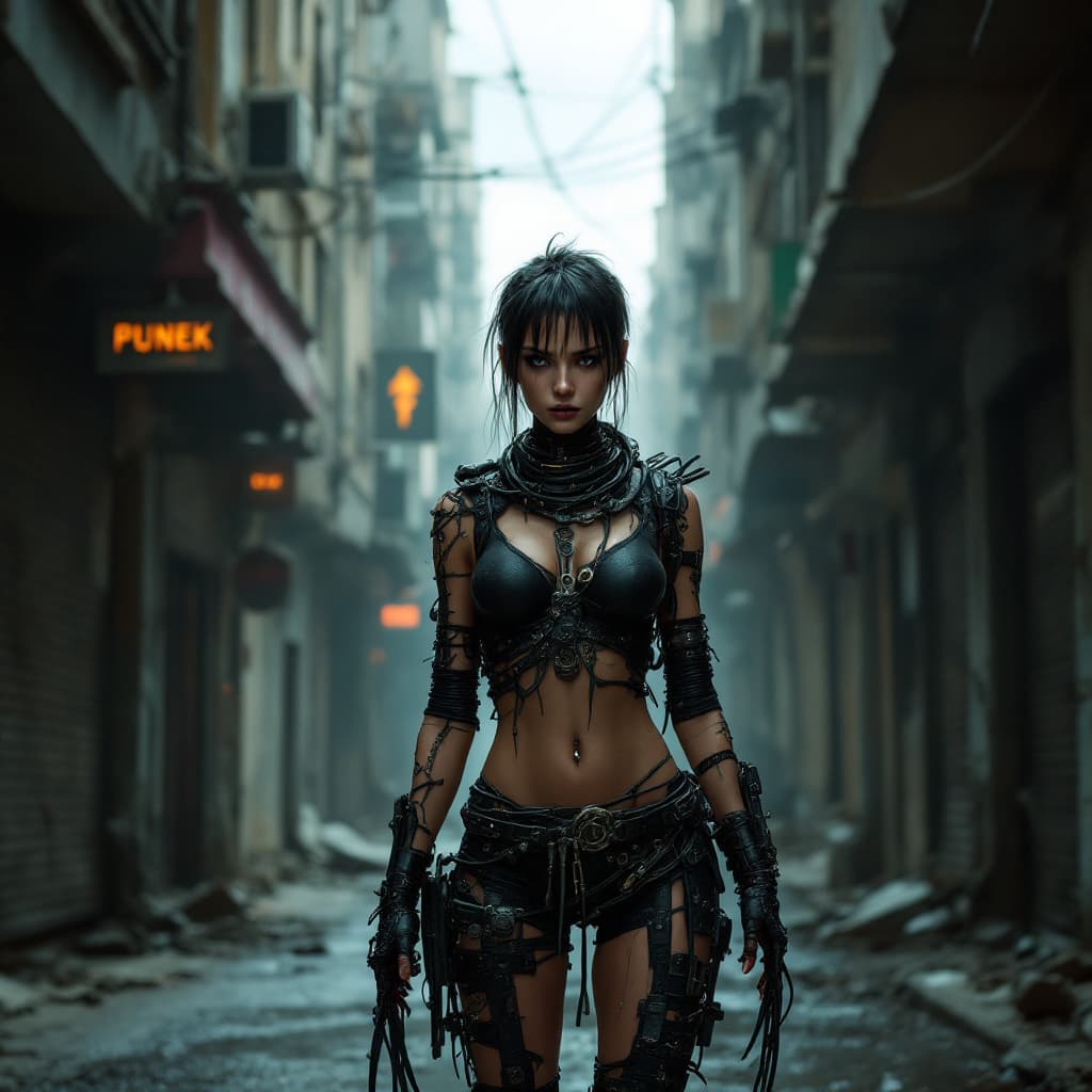 AI generated: toned body punk girl in a dirty Ghetto street,,ruins,cyberpunk, bioimplants,cable come out of her bo...