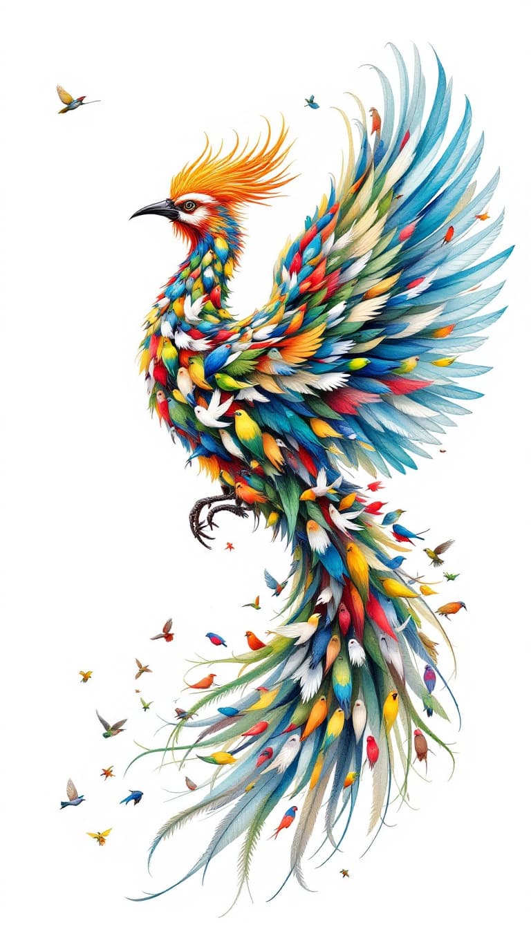 AI generated: A majestic phoenix-like bird with the head of a Hoopoe, composed entirely of various smaller birds. ...
