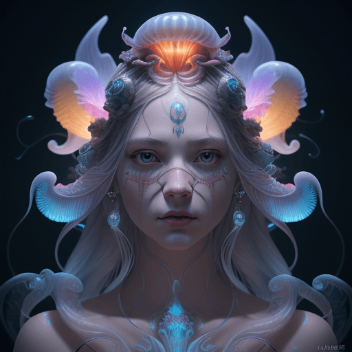 AI generated: Goddess close-up portrait ribcagel. jellyfish phoenix head, nautilus, orchid, skull, betta fish, bio...