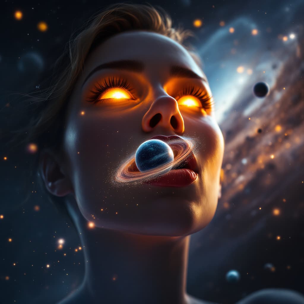 AI generated: enormous giantess captain marvel
bigger than a galaxy puckered lips floating in space, minuscule gal...