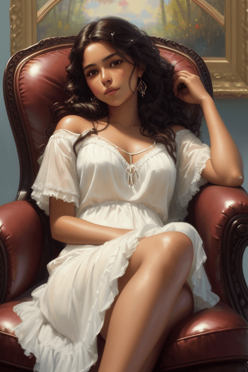 AI generated: teen tanned latina girl on reclining chair, wavy dark hair, airy, sparsely clothed, very detailed, r...