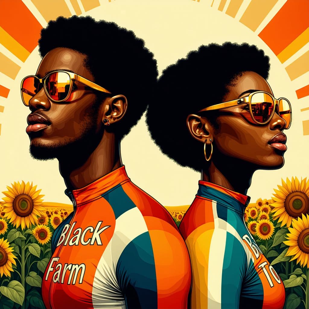 AI generated: Retro poster, vibrant, stylized pop art illustration featuring a man and a woman with brown skin . t...