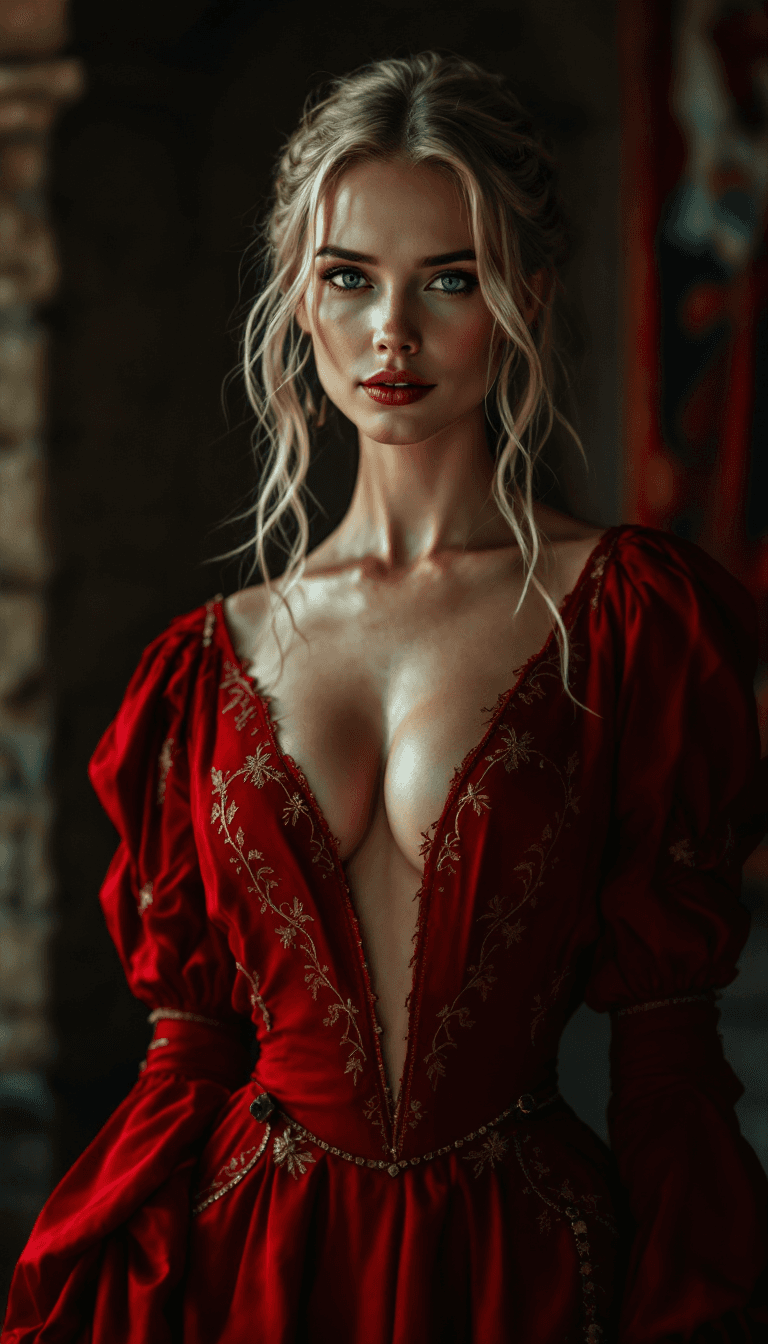 AI generated: A noble, blue-eyed blonde woman from the Middle Ages is elegantly dressed in a luxurious red dress w...