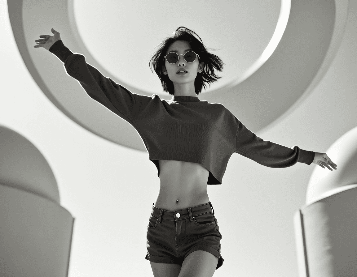 AI generated: monochrome High fashion black and white upper body photo of a slim, small breast, flat chest, abs, y...