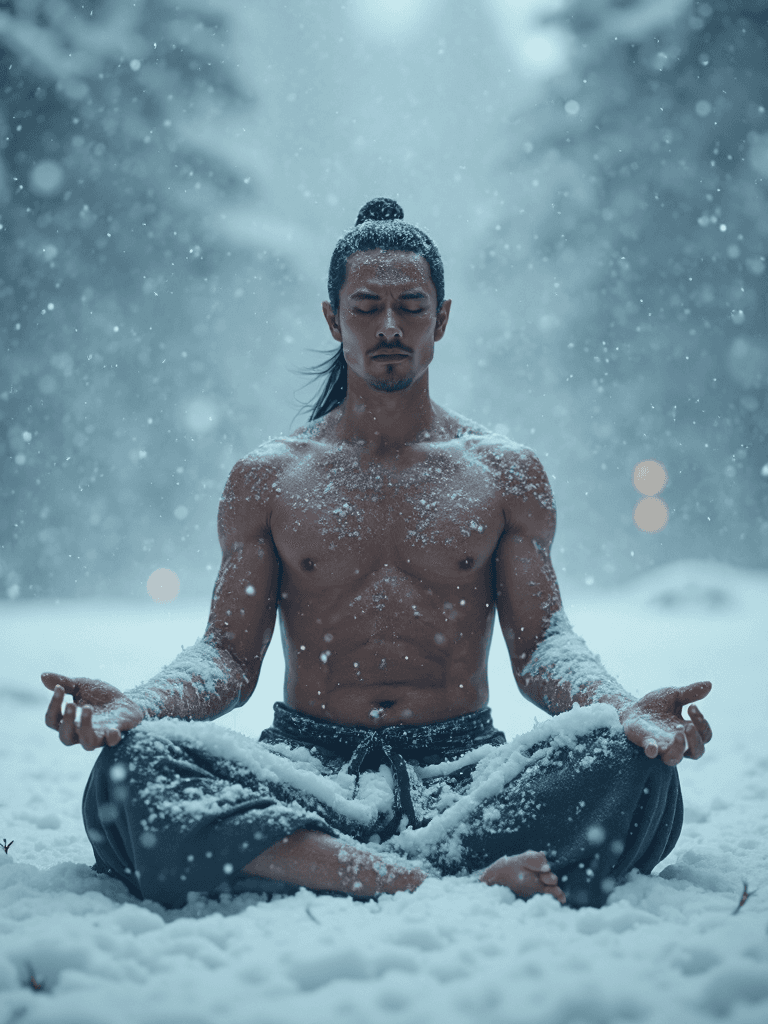 AI generated:  A hyper-realistic, cinematic image of a lone ninja sitting in deep meditation amidst a violent bliz...