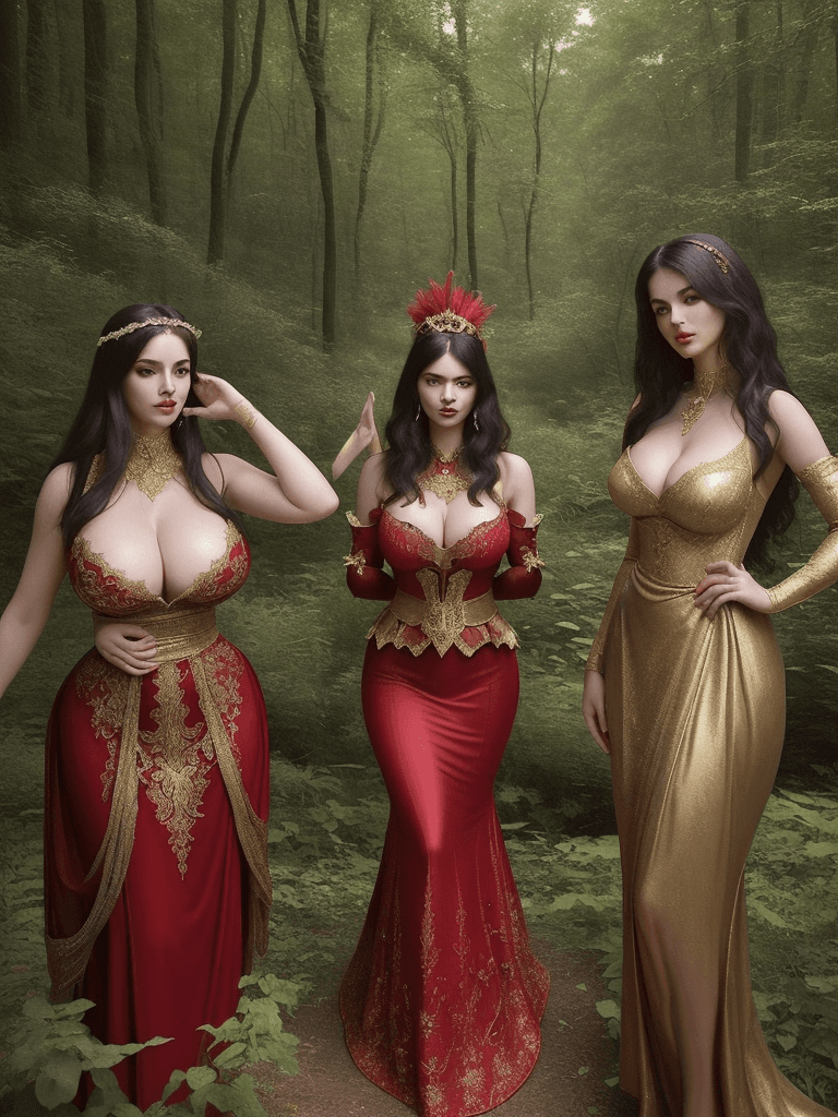 AI generated: a captivating portrait of three stunningly beautiful large bosomed women, each dressed in elaborate ...