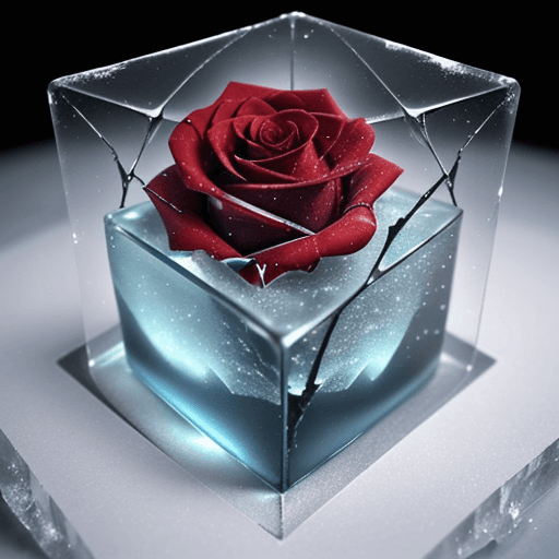 AI generated: close-up photo of a beautiful red rose breaking through a cube made of ice , splintered cracked ice ...