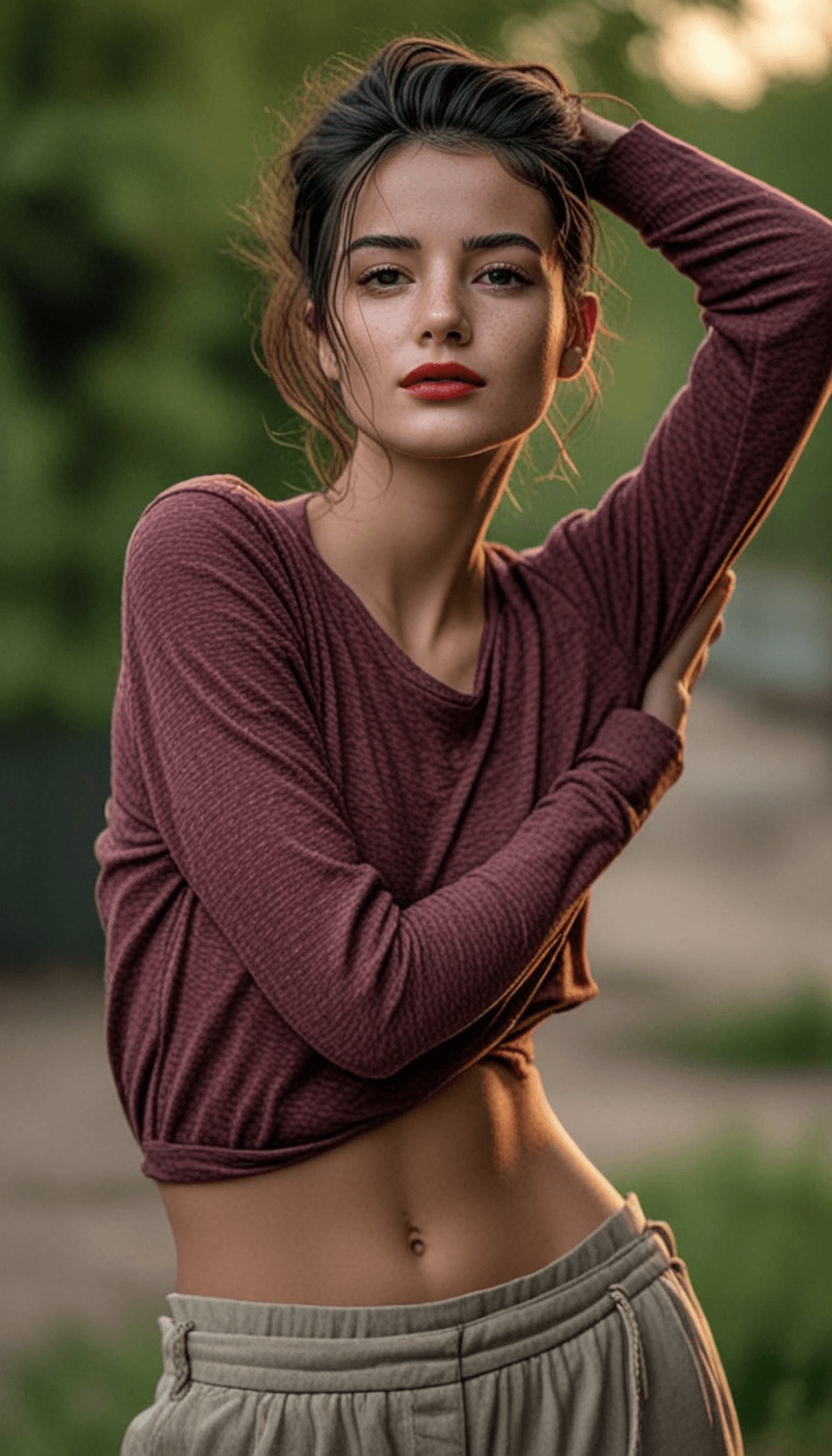 AI generated: Woman standing outdoors in maroon long-sleeve shirt, light pants. Pose: one arm raised, hand touchin...