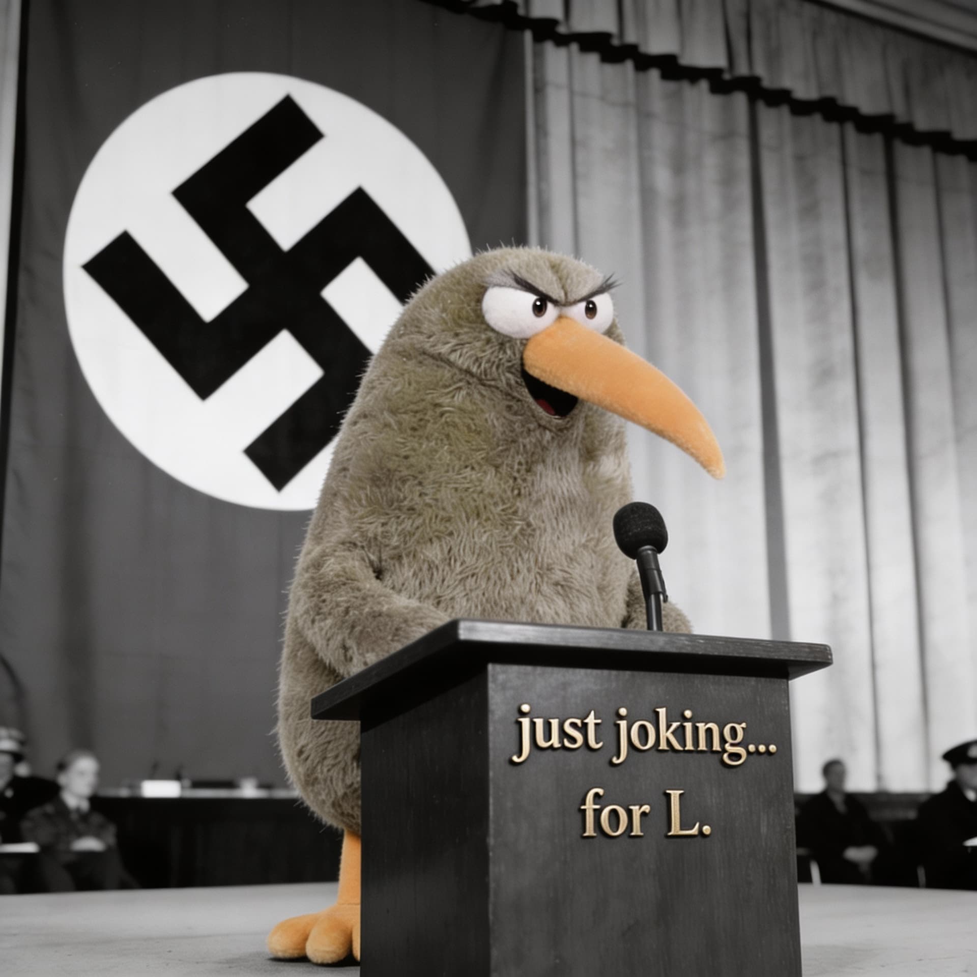 AI generated: there is a 2-line text engraved into the frontside of the lectern: first line "just joking...", seco...