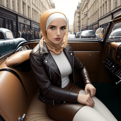 AI generated: Brown and white street photography of an attractive woman in leather jacket with headscarf sitting i...