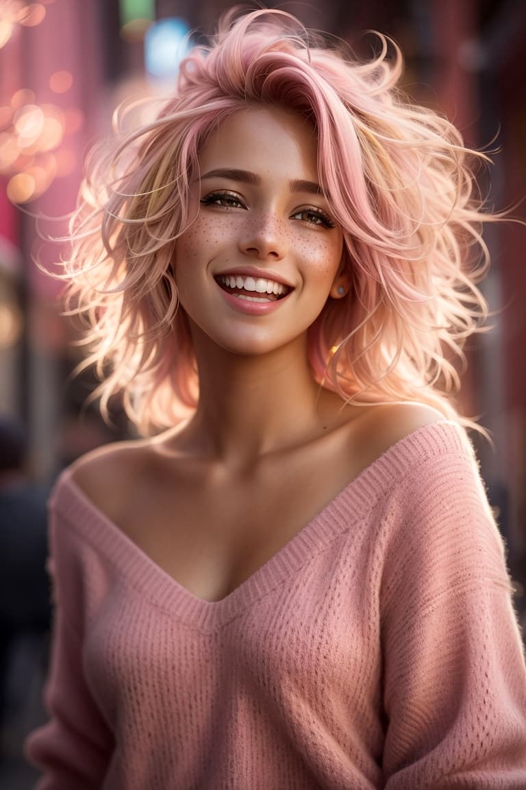 AI generated: Hyper realistic, ultra detailed photograph of a woman with messy blond hair (pink highlights) wearin...