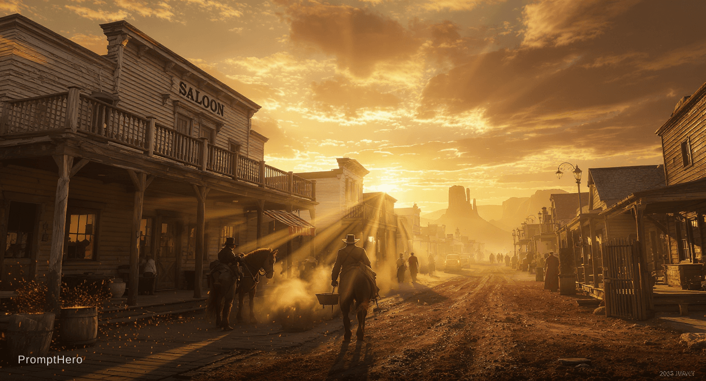 AI generated: Cinematic wide-angle revealing shot, sweeping right-to-left across a dusty 1880s frontier town main ...