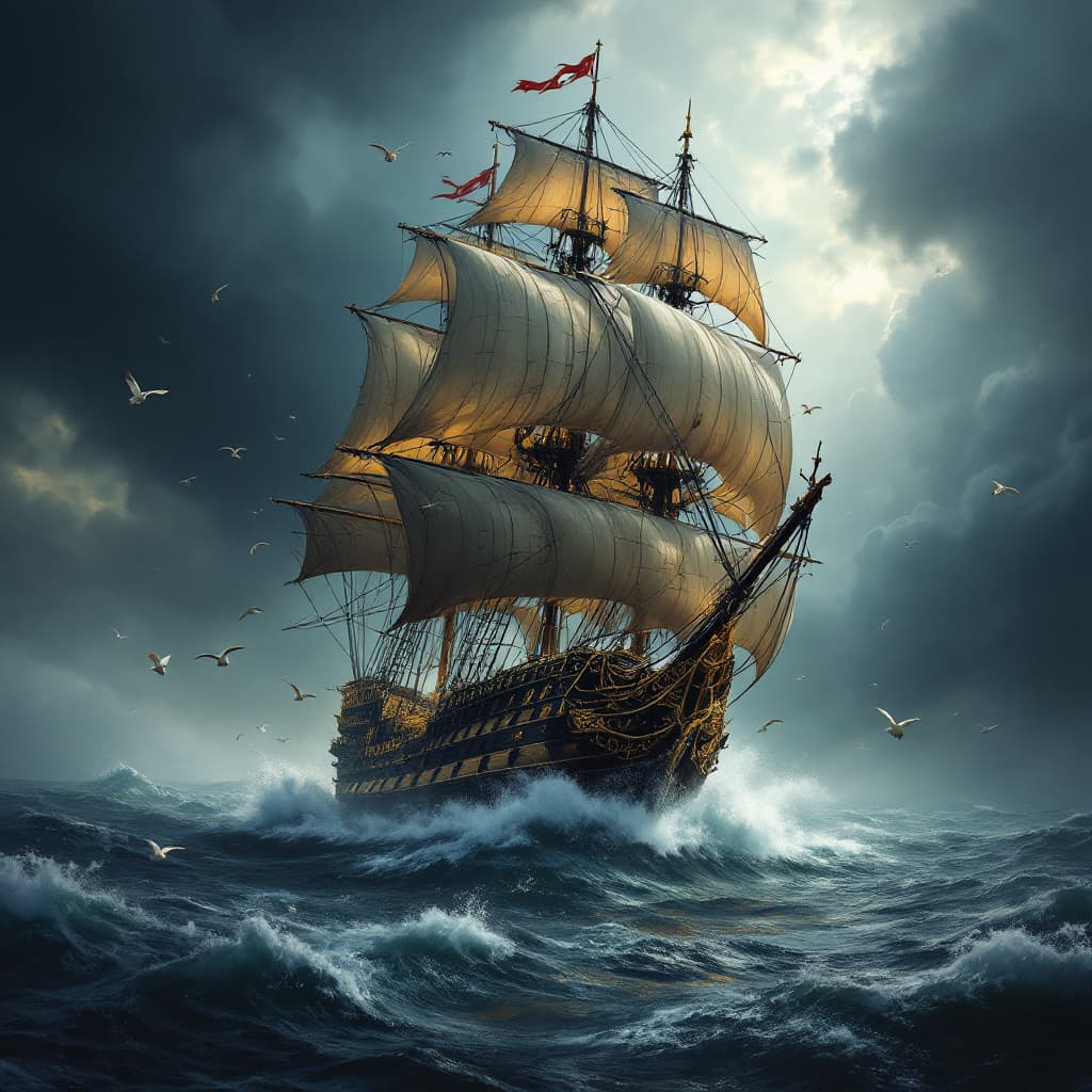 AI generated: A magnificent 18th-century galleon sailing through a stormy ocean, its majestic sails billowing in t...