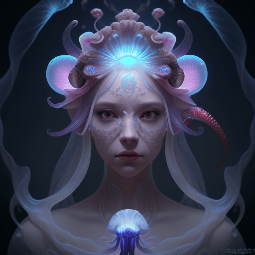 AI generated: Goddess close-up portrait ribcagel. jellyfish phoenix head, nautilus, orchid, skull, betta fish, bio...
