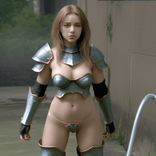 AI generated: female, urinating, skimpy armor, urine,