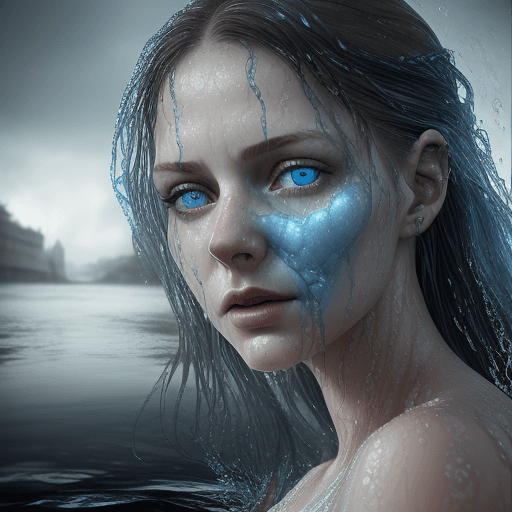 AI generated: the face of woman with beautiful blue eyes, in water, in the style of dystopian realism, realistic p...