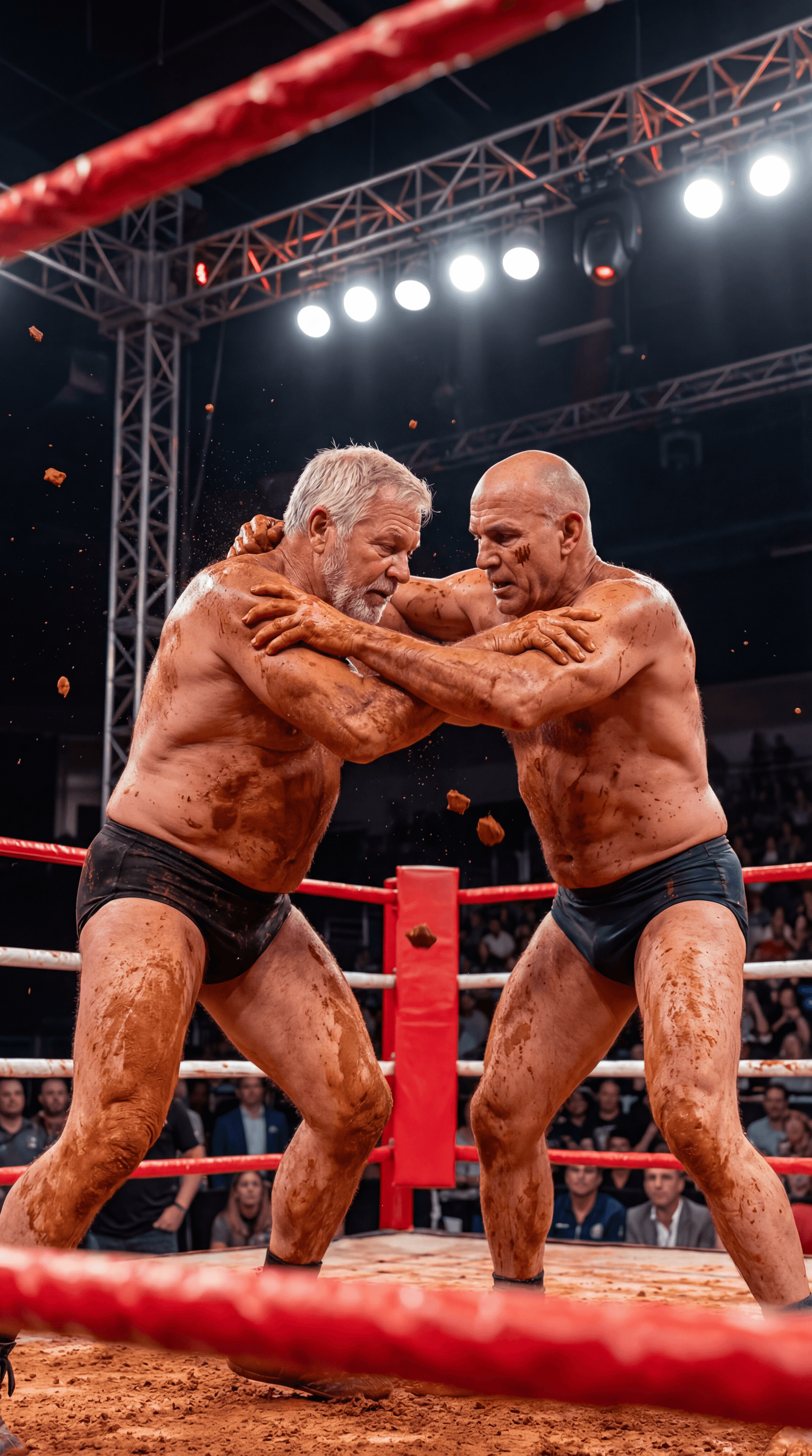AI generated: PROFESSIONAL SPORTS PHOTOGRAPH
AMERICAN RED CLAY MUD WRESTLING — BOXING RING — VERTICAL 9:16
ASPECT ...