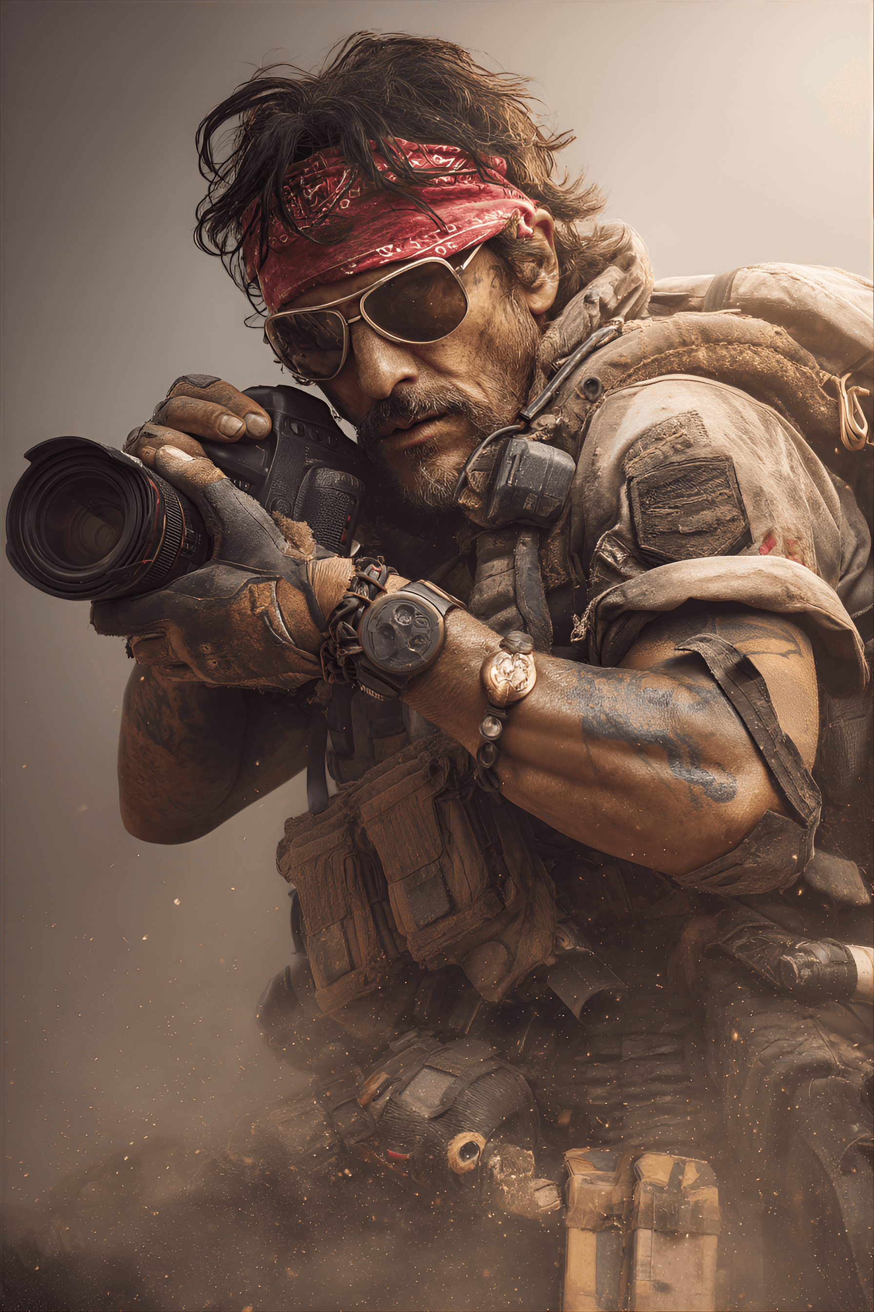 AI generated: middle-aged, Latinx man, focused and determined,  wearing tactical gear,
  with a rugged, military-...