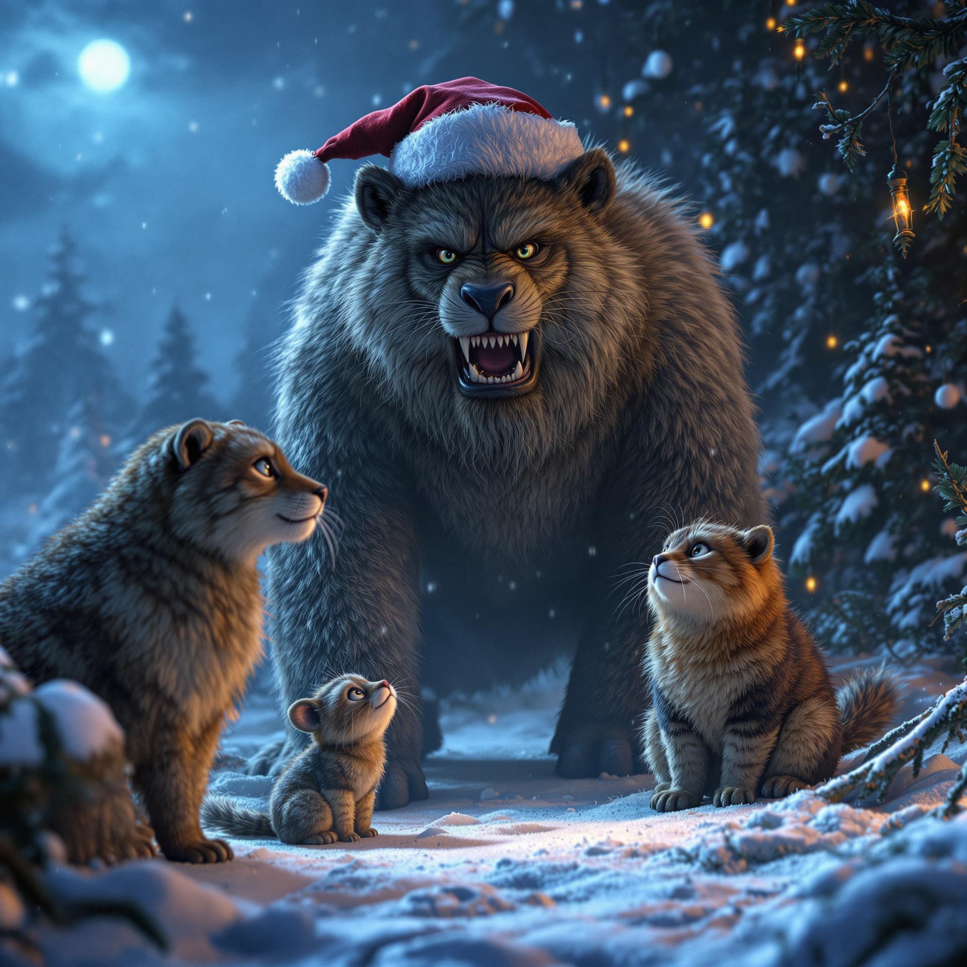 AI generated: merry christmas Movie poster, Cover for rock track, animals from cartoons, dramatic light, Mystical ...