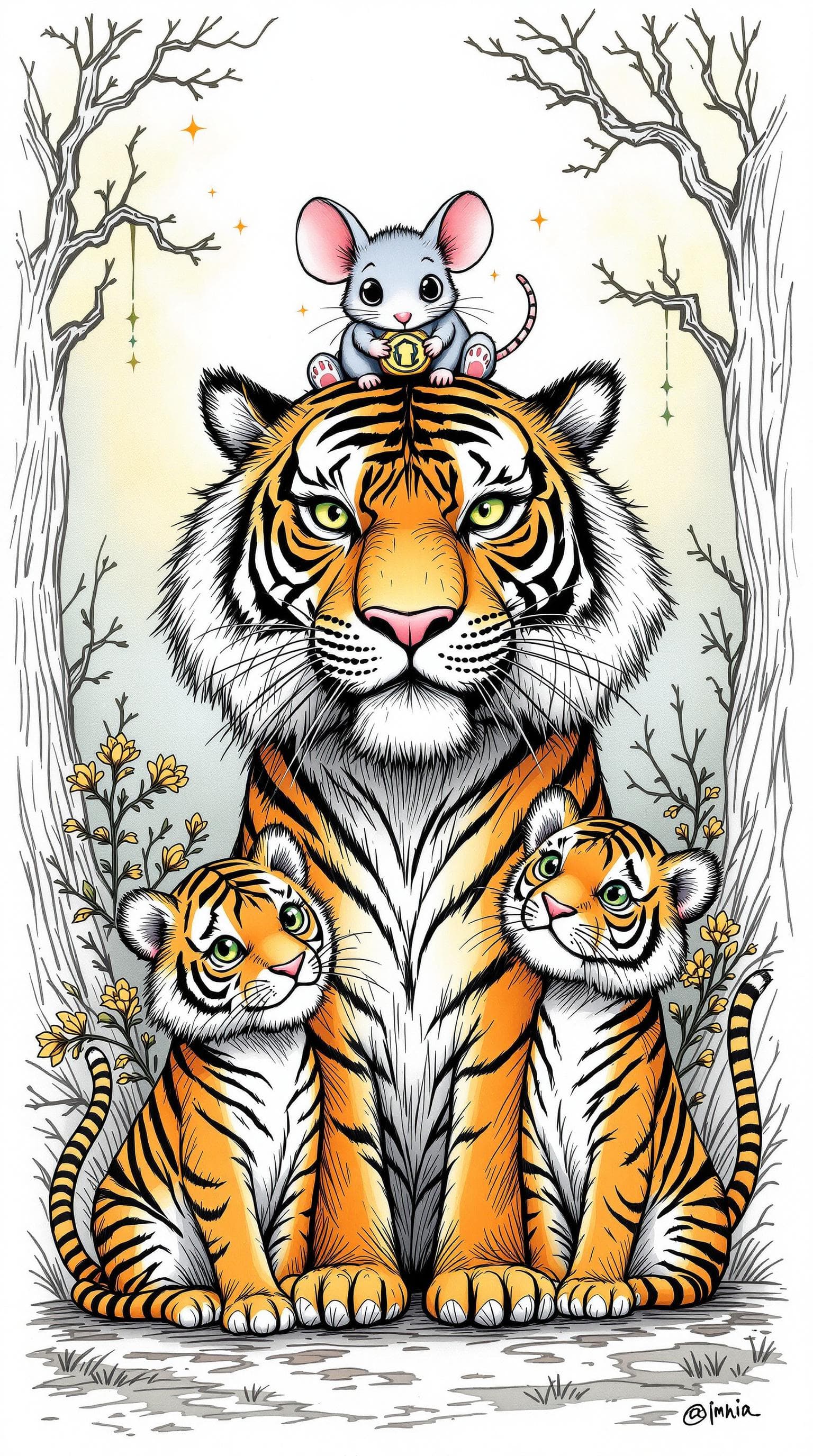 AI generated: Doodle Art,a tiger and two tiger cubs, and a oversized mouse ,with a mouse on the tiger's head, the ...