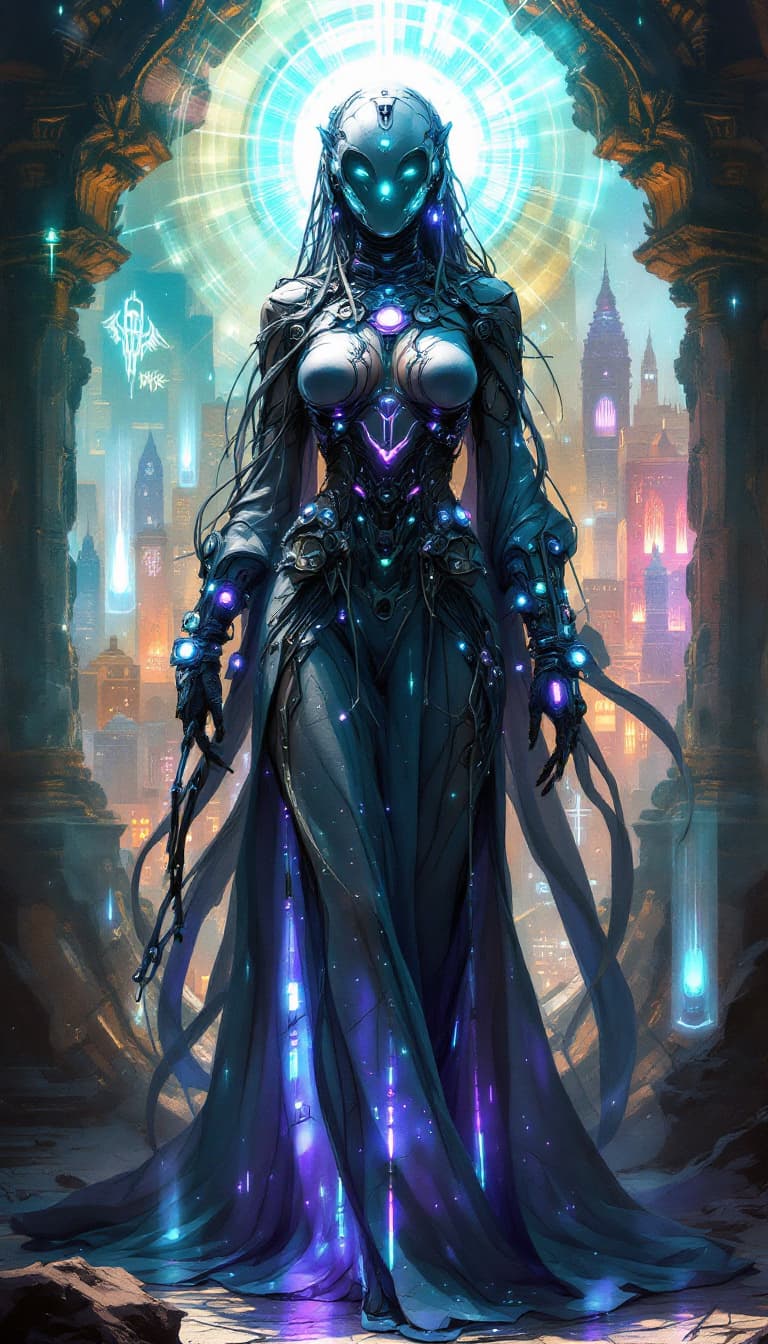 AI generated: Conceptual design: Cybernetic Siren of Echoes from the Resonant Order. This hypnotic graffiti-punk d...